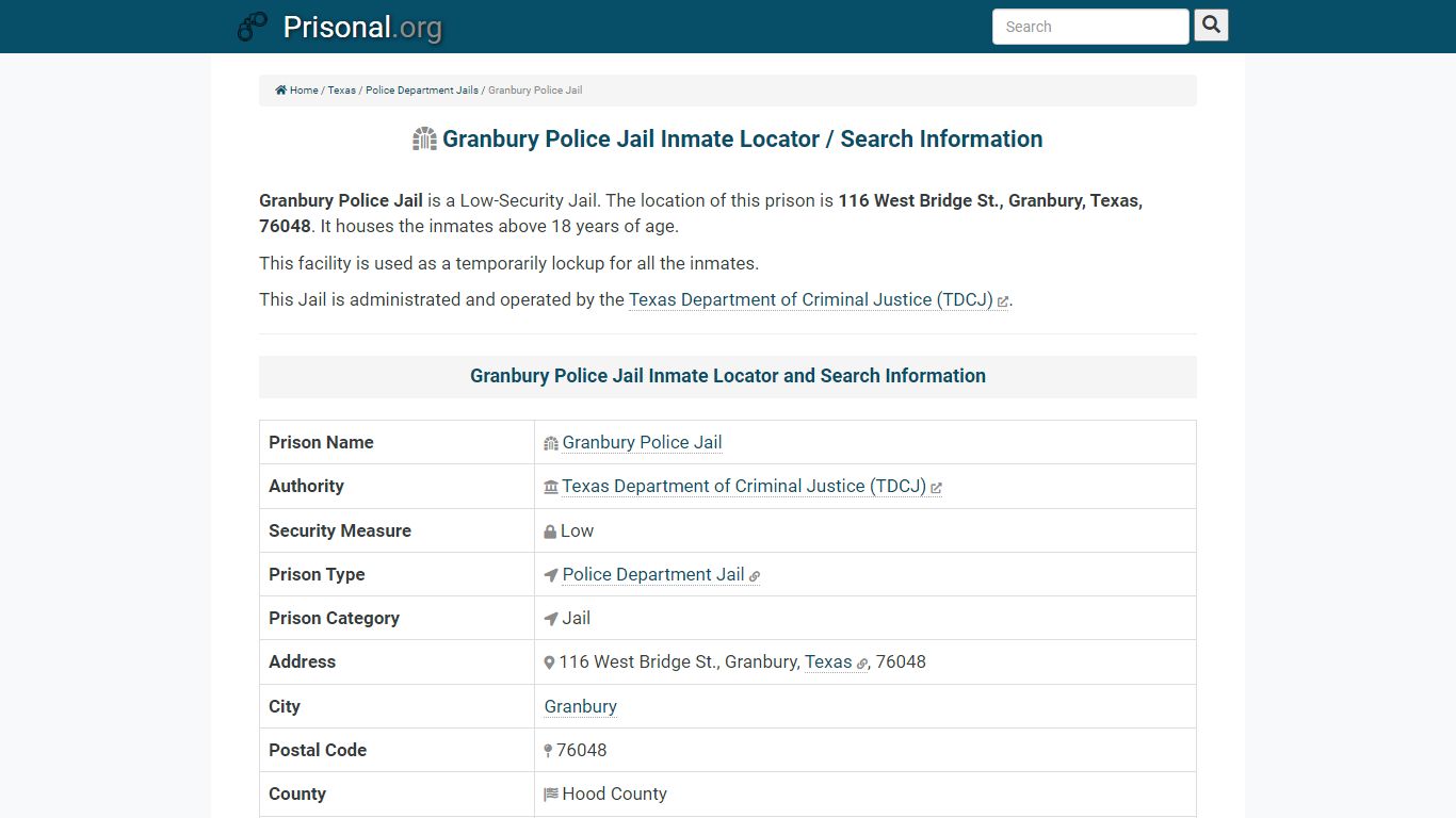 Granbury Police Jail Inmate Locator and Search Information